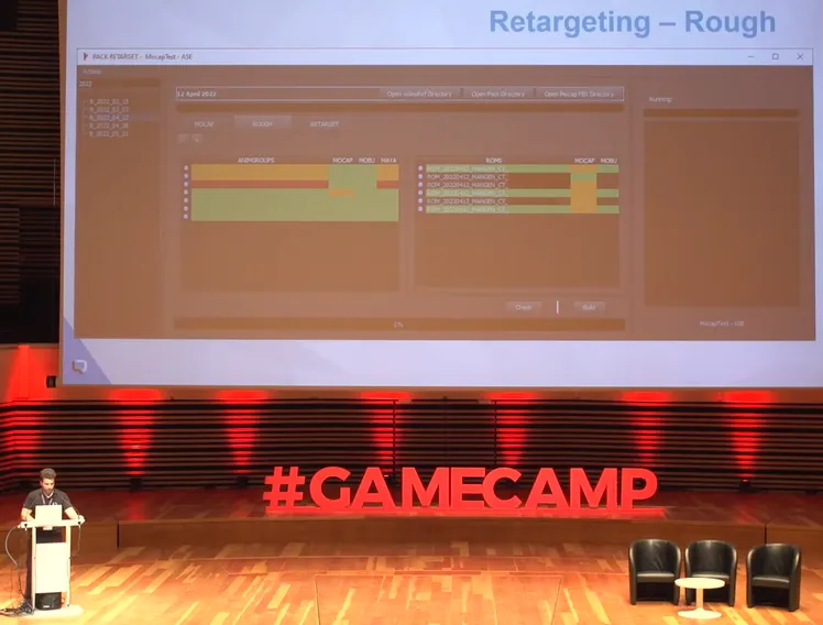 A screenshot of the Gamecamp presentation where the retarget tool is on display.