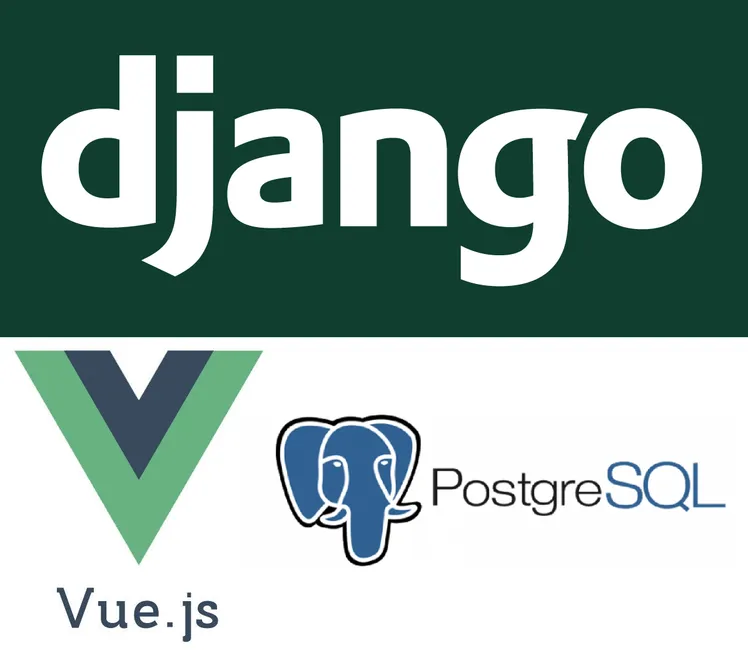 Django, Vue js and Postgresql logos, side by side.